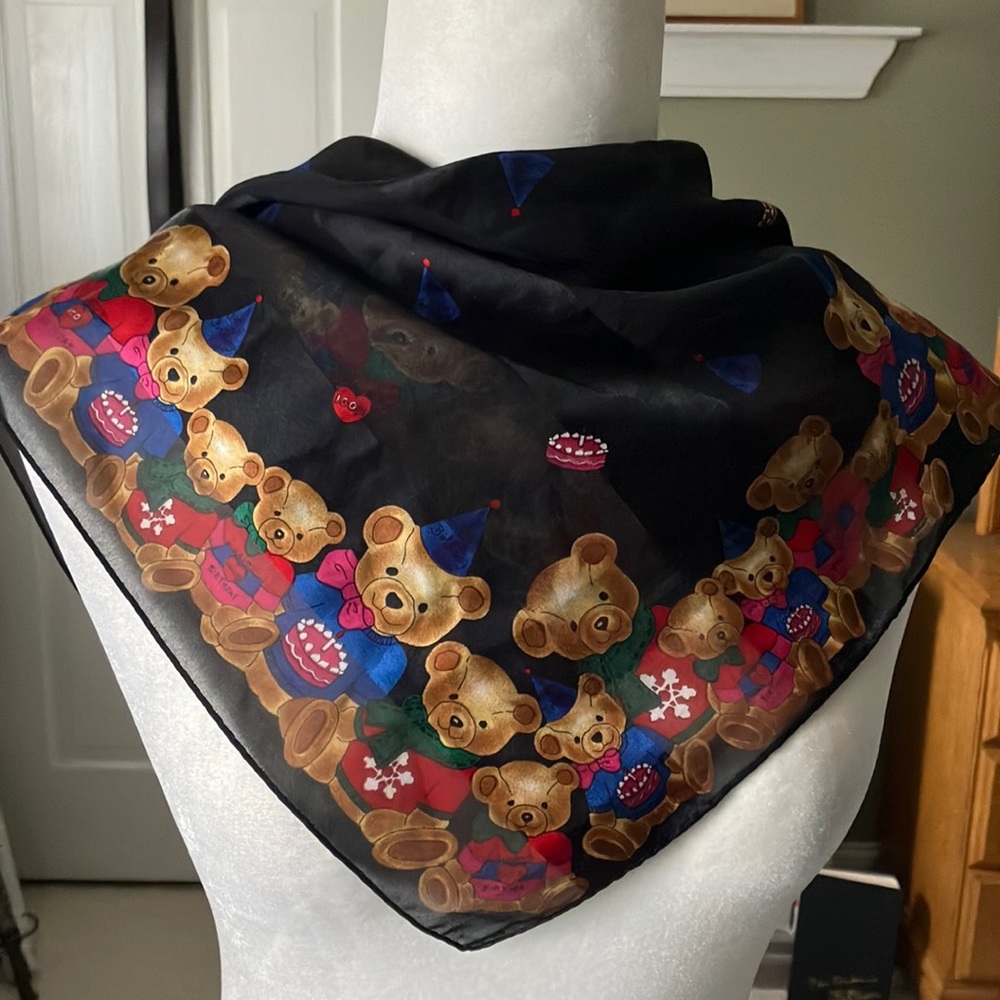 NWT vintage Happy Birthday teddy bear square scarf Liz Claiborne